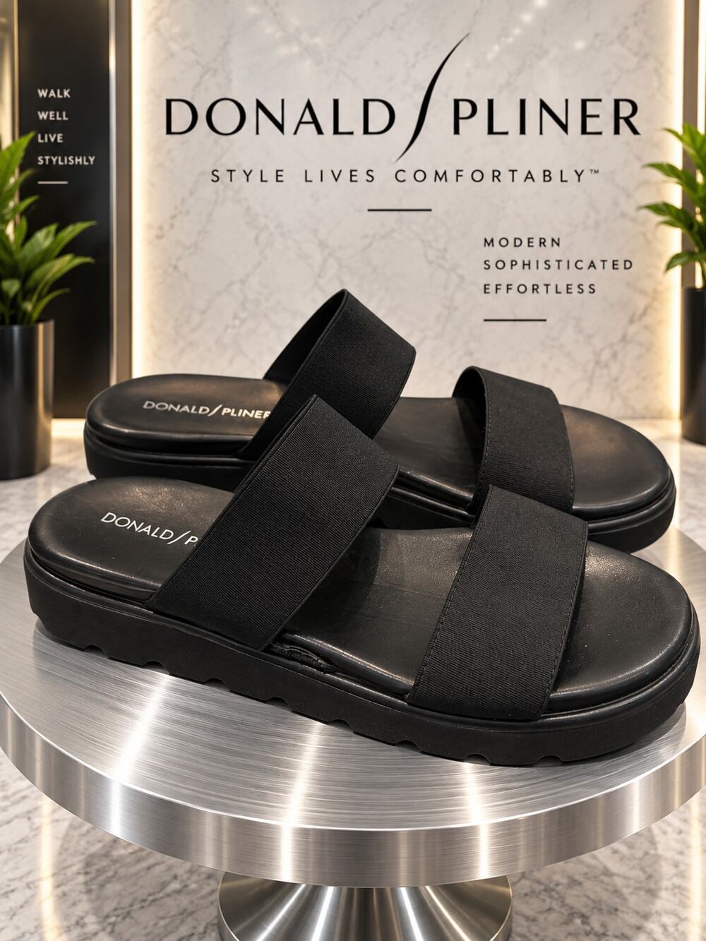 Donald Pliner Black Double Band Stretch Slide Sandals Size 7.5